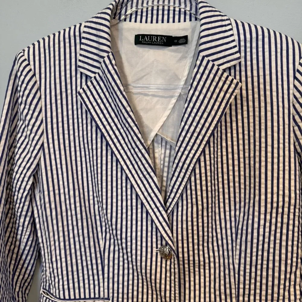 Lauren Ralph Lauren Seersucker Cotton Blazer Size 10 - Picture 2 of 8